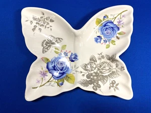 Butterfly Shaped Candy Dessert Appetizer Plate White w/ Blue Roses 8 3/4 x 7 in. - Picture 1 of 5