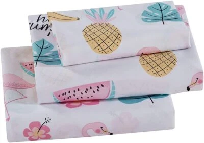 亚麻加床单套装儿童/青少年火烈鸟菠萝女王,黄色,白色,粉色  — 第 1/3 张图片