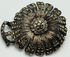 Vintage Sterling Silver Marcasite Flower Brooch - Picture 1 of 8