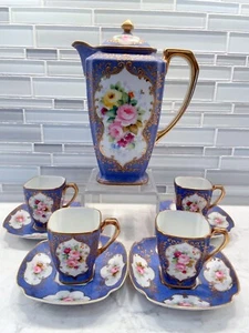 Antique Nippon Chocolate Set Powder Blue Gilded Raised Rose Medallions Floral HP - Picture 1 of 18