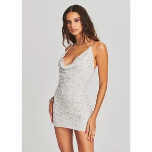 Retrofete Mich Sequin Dress White Pearl Cross Strap Cowl Neck Sleeveless Sz XS - Picture 1 of 17