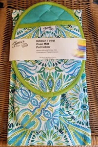 Fiesta Ware Paisley Green & Blue Kitchen Towel Pot Holder Oven Mitt 3 Pc Set NWT - Picture 1 of 5