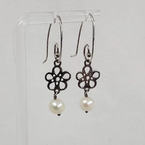 PANDORA Dangle Pearl Sterling Silver 925 ALE Earrings Signed Unique Rare - Picture 1 of 6