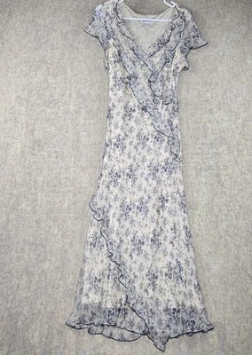 Maxi Vestido Floral Robbie Bee Para Mujer Azul Marino/Blanco Talla 14 Seda Volantes Cuello en V Foto 1 de 4