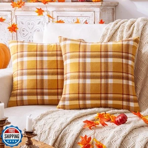 Fall Plaid Orange Brown Throw Pillow Covers 18x18 Inch, Set of 2 Autumn Decor - Picture 1 of 5