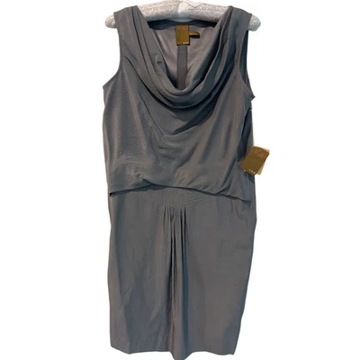 Vestido Ali Ro Sofisticado Seda Sin Mangas Capucha Cuello Plisado Midi Peltre Talla 4 Foto 1 de 4