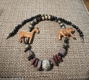 Vintage Necklace Hand carved Elephant Zebra (Horse?) Antique Wooden bead 28” EC - Picture 1 of 7