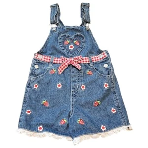 Vintage Young Hearts Kids Dungaree Denim Overalls Strawberry Embroidered Size 5 - Picture 1 of 12