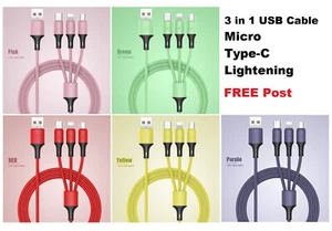 3 in 1 Fast Charging USB Cable Charger 2A Phone Type-C Micro USB iOS ALL Phones - Picture 1 of 13