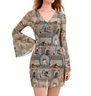 Womens Size 12-14 Mesh Brown Cat Portrait Fitted Dress Flounce Sleeve New Sheer