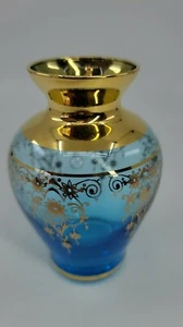 Antique Bohemian Glass Vase Beautiful Blue Enamel Gold Trim 4.25” Tall EUC - Picture 1 of 6