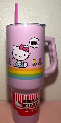 Vaso Hello Kitty 40oz Acero Inoxidable con Mango Rosa Patrón Arco Iris NUEVO Foto 1 de 4