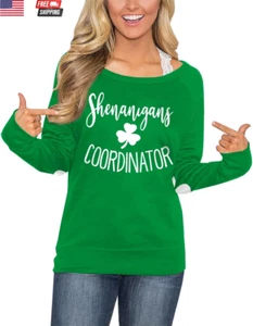 Women'S St. Patrick'S Day Green Long Sleeve Sweatshirt Funny Casual Irish Shirt - Picture 1 of 6