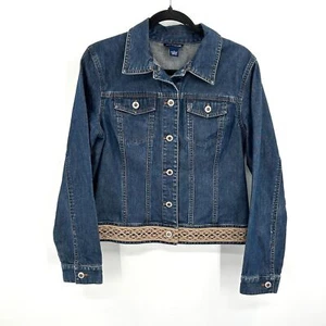 ANN TAYLOR Blue Button Up 100% Cotton Beige Lace Denim Jean Jacket Size Medium - Picture 1 of 6