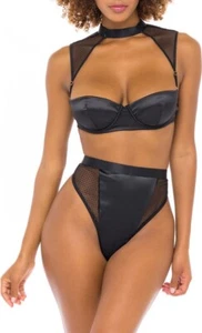 Yandy Oh La La NEW XL Black Fishnet High Waist Choker Set Sexy Holiday Satin Bra - Picture 1 of 7