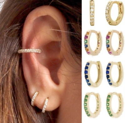 Pendientes a presión Huggie de aro con circonita cúbica helada tono plata oro 6/8/10/12 mm 2 piezas para hombres y mujeres Foto 1 de 4