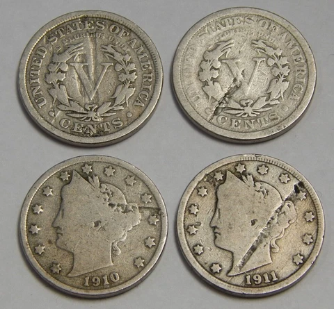 Lot of 4 - Mint Error - Struck Thru - 1910 & 1911 Liberty Head V Nickels Cover