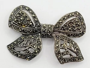 Sterling Silver 925 Brooch Pin Real Marcasite Ribbon Bow Vintage - Picture 1 of 10