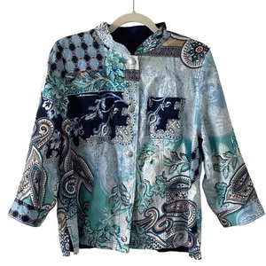 Reversible Jacket Paisley Patchwork Mandarin Collar Blue Button Down Coat - Picture 1 of 6