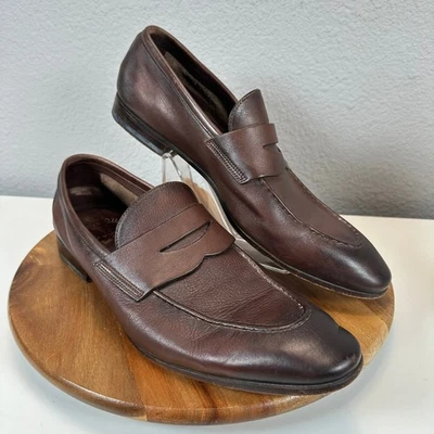 Zapatos de vestir Santoni marrón punta redonda cuero sin cordones Penny mocasines 9,5 D de lujo Foto 1 de 4