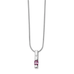 Pink Topaz & 2pt Diamond Vertical Bar Rhodium Plated Silver Necklace - Picture 1 of 5