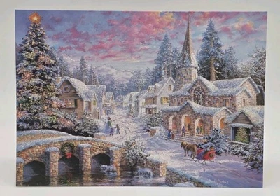 Glittery Christmas Cards Snowy Town Church Pink Sky Set of 2 Nicky Boehme GC158 - Image 1 of 4
