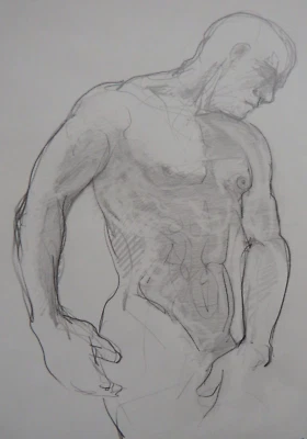 Original standing male nude expressive pencil drawing sketch on paper - Image 1 of 4