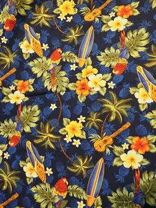 Vintage Hawaiian Blue Surf Board Hibiscus Tropical Fabric 45" x 72" -2 Yards - Picture 1 of 3