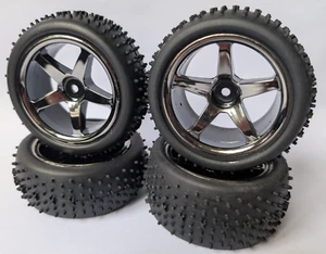 4x 1/10 RC Car Buggy Wheels Tires Set fits HPI HSP Tamiya 12mm Hex GM Chrome - Picture 1 of 4
