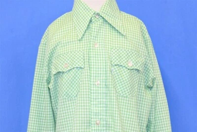 vtg 70s LEVIS GREEN GINGHAM SCALLOP POCKET BIG COLLAR BUTTON SHIRT YOUTH XL  - Image 1 of 4
