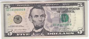 Series 2021 Five Dollar Federal Reserve Note Trinary Serial Number QD 16106600 B - Picture 1 of 2