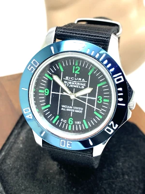 Reloj Sicura Submarine Hombre Vintage Suizo Cuerda Manual Esfera Negra 40mm Nylon Foto 1 de 4
