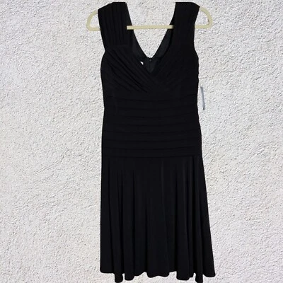 NWT London Times Women V-Neck Polished Swing Dress Size 6 Flowy Black Tiered - Image 1 of 4