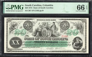 ⭐⭐ 1872 20 $ STATE OF SOUTH CAROLINA SC VERALTETE BANKNOTE PMG 66 EPQ 2102 - Bild 1 von 2