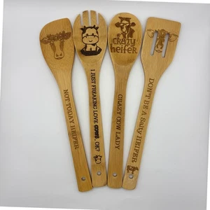 Novelty Bamboo Kitchen Utensils Set Crazy Cow Lady Heifer Decor Spatula - Picture 1 of 6