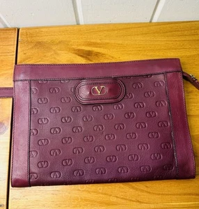 VTG VALENTINO Burgundy Leather Clutch Hand Bag Top Zip Front Flap Closure Italy - Picture 1 of 21