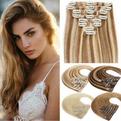 Echthaar Clip In Extensions dick 8 Tressen Set Tresse Remy Haar Haarverlängerung - Bild 1 von 4