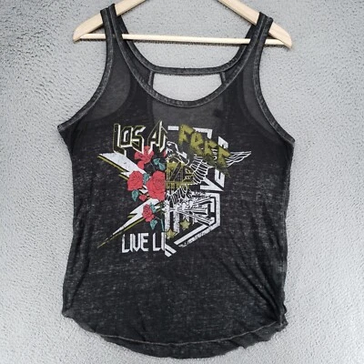 Derek Heart Womens L Black Gray Burnout Biker Rock Tank with Keyhole Back Roses - Image 1 of 4