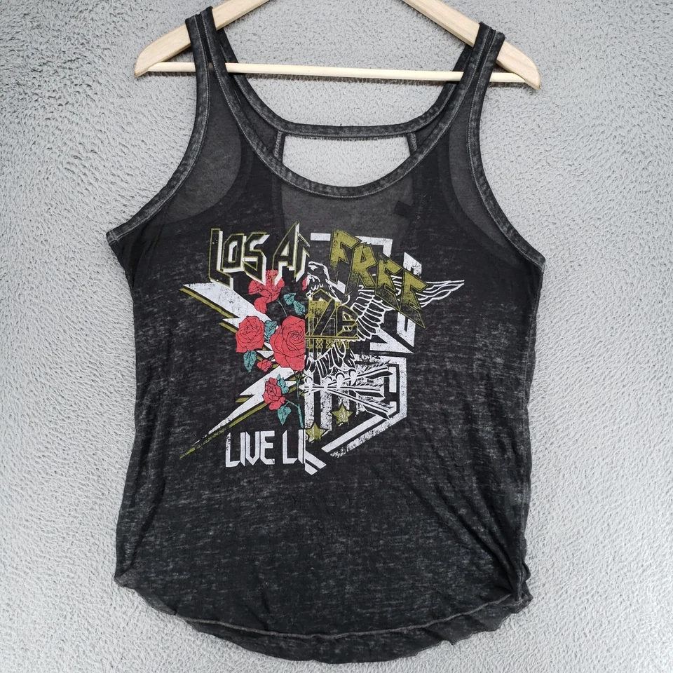 Derek Heart Feminino L Preto Cinza Burnout Motociclista Rock Tank com Buraco de Fechadura Traseiro Rosas - Imagem 1 de 4