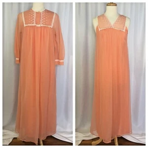 VTG 60s French Maid Canada Peach Peignoir Set S Nightgown Robe Sheer Chiffon MCM - Picture 1 of 12