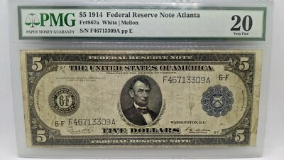 1914 $5 Federal Reserve Note Atlanta - PMG 20 - Fr#867a - Large Size Note - Image 1 of 4