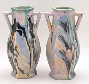 Pair of Mueller Illinois pottery 6 5/8" 1920's Art Deco iridescent vases - Picture 1 of 5