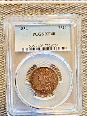 1834 Capped Bust Quarter – PCGS XF40 – Beautiful Original Color – Sharp Strike – - Image 1 of 4
