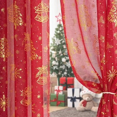 RYB HOME Red Christmas Curtains with Gold Foil Stamping Pattern, Sheer Curtains - Image 1 of 4