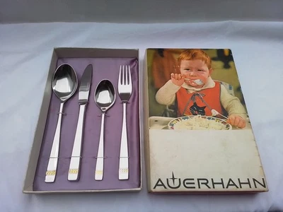 Seltenes 4-tlg. Kinderbesteck, Auerhahn Rhodos, teilvergoldet, 60er/70er, in OVP - Bild 1 von 4