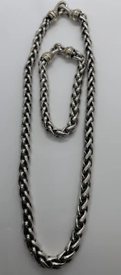 Juego de collar y pulsera David Yurman de eslabones de trigo de plata de ley 925 con 18 quilates 8 mm Foto 1 de 4
