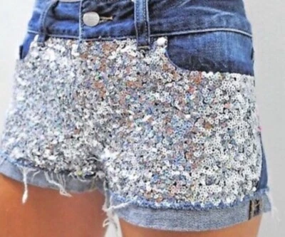 Victoria’s Secret Pink Denim Rainbow Silver Sequin Dark Blue Jean Shorts Booty 0 - Image 1 of 4