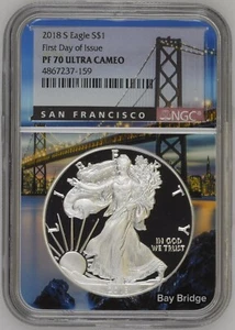 2018-S American Silver Eagle San Francisco Bay Bridge NGC PF70 Ultra Cameo FDOI - Picture 1 of 7