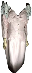 Vintage Jessica McClintock Bridal Skirt Suit sz 16 Peach Acetate Lace Bow Pearl - Picture 1 of 19