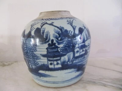 Large  Antique Chinese Stoneware Qing Ming Blue White Ginger Jar Vase Pot 7" - Image 1 of 4